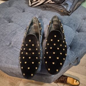 Versace Black Velvet Loafers with Gold Medusa Studs